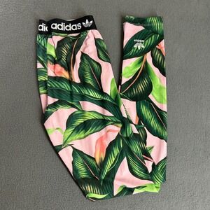 Adidas Leggings Womens S Pink Tropical Palm Leaf Trefoil Logo AJ8154 Tight Fit